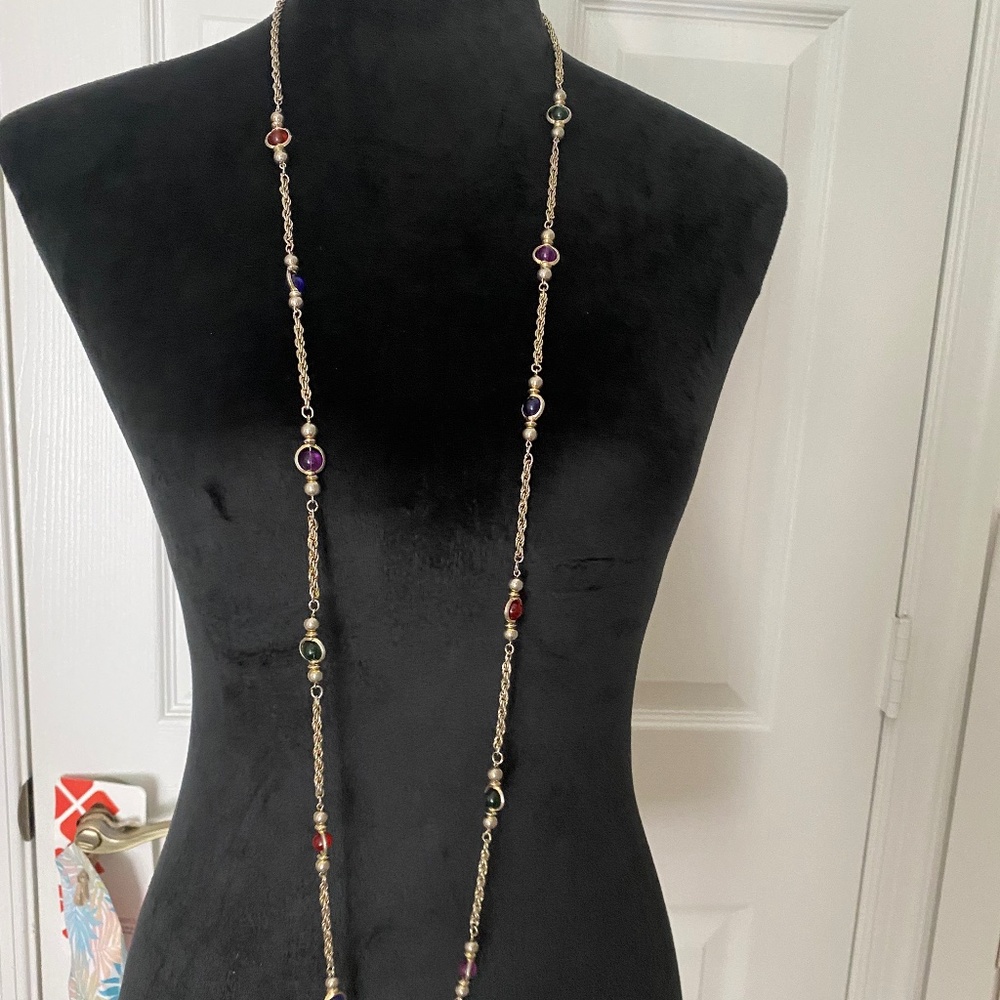 Jewelry, Necklace, multicolor glass and silver look chain,‎ Vintage